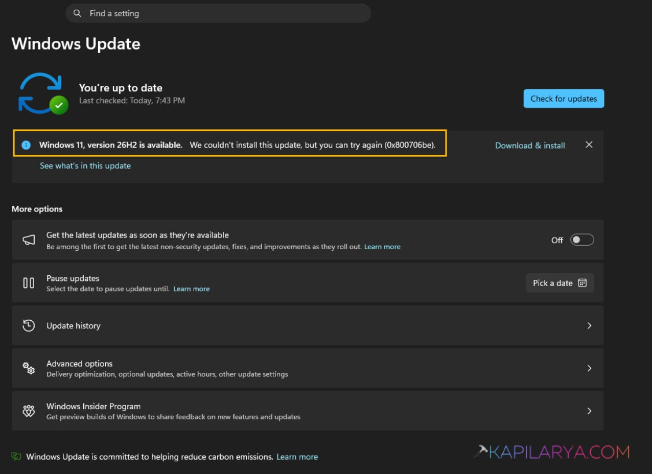 Windows 11 version 26H2 failed to install