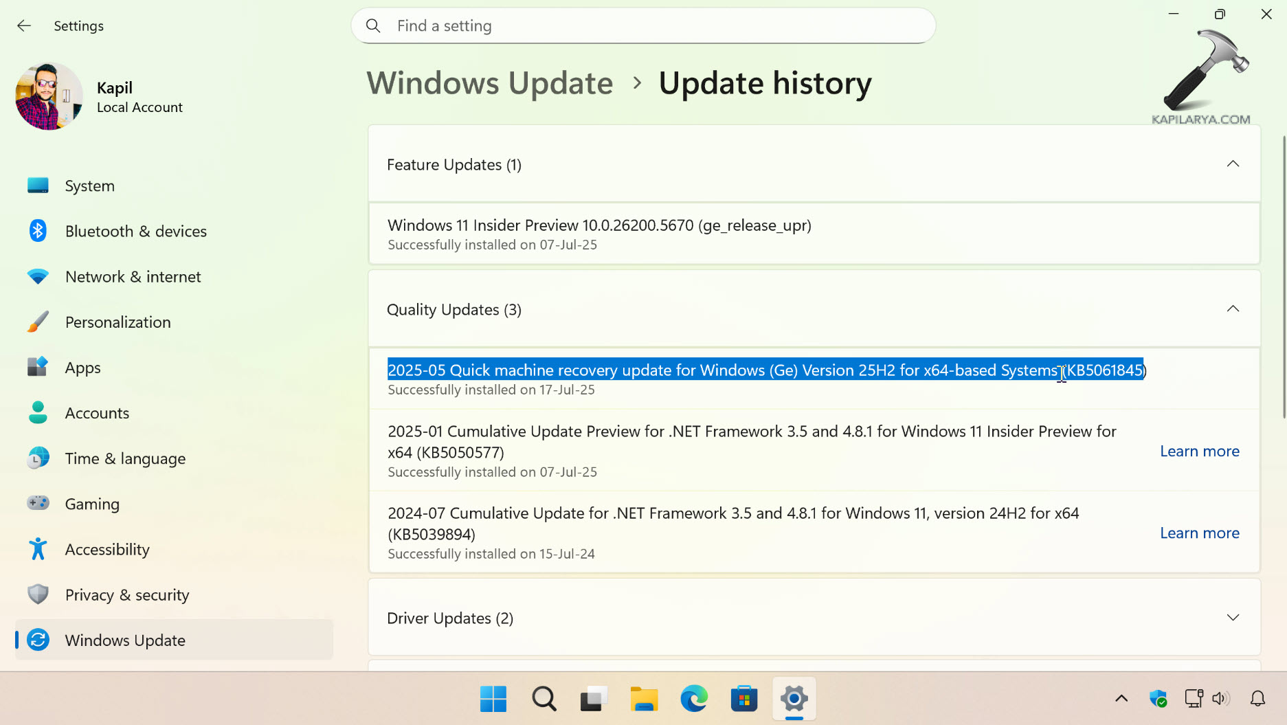 Update history on the concerned system