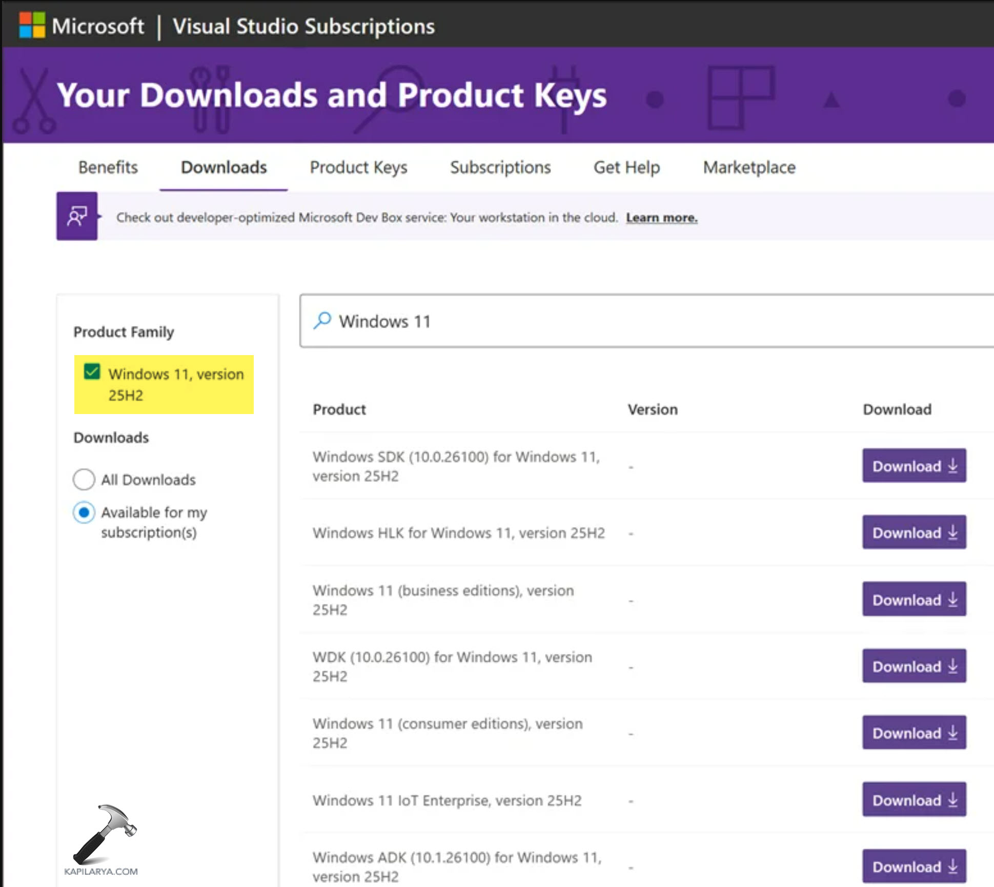 download Windows 11 25H2 from your active Visual Subscription
