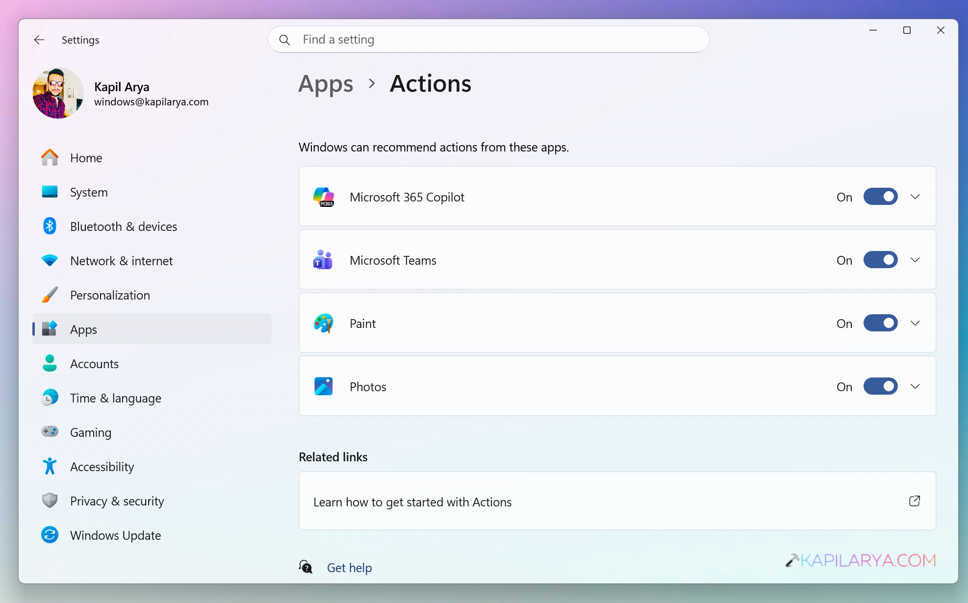 Adjust actions in settings app