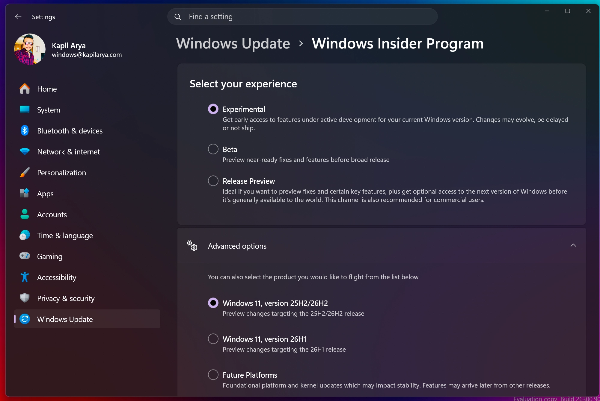 Select Windows Insider channel