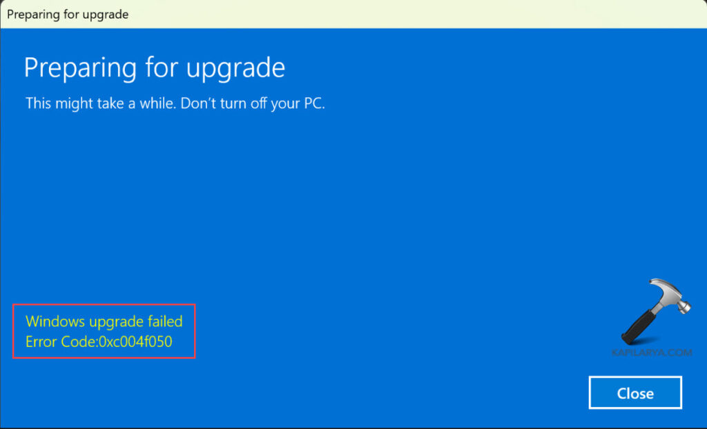 Windows 11 Pro upgrade failed with error 0xc004f050