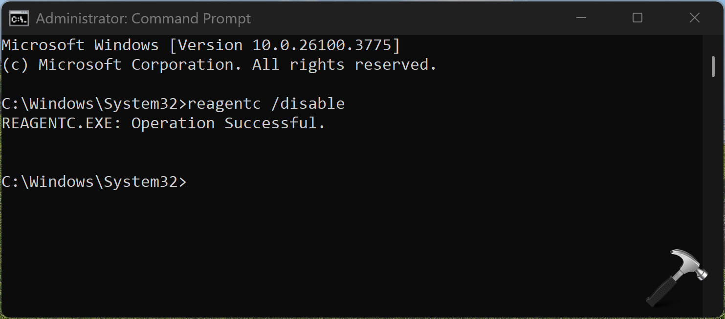 Windows Recovery Environment disable