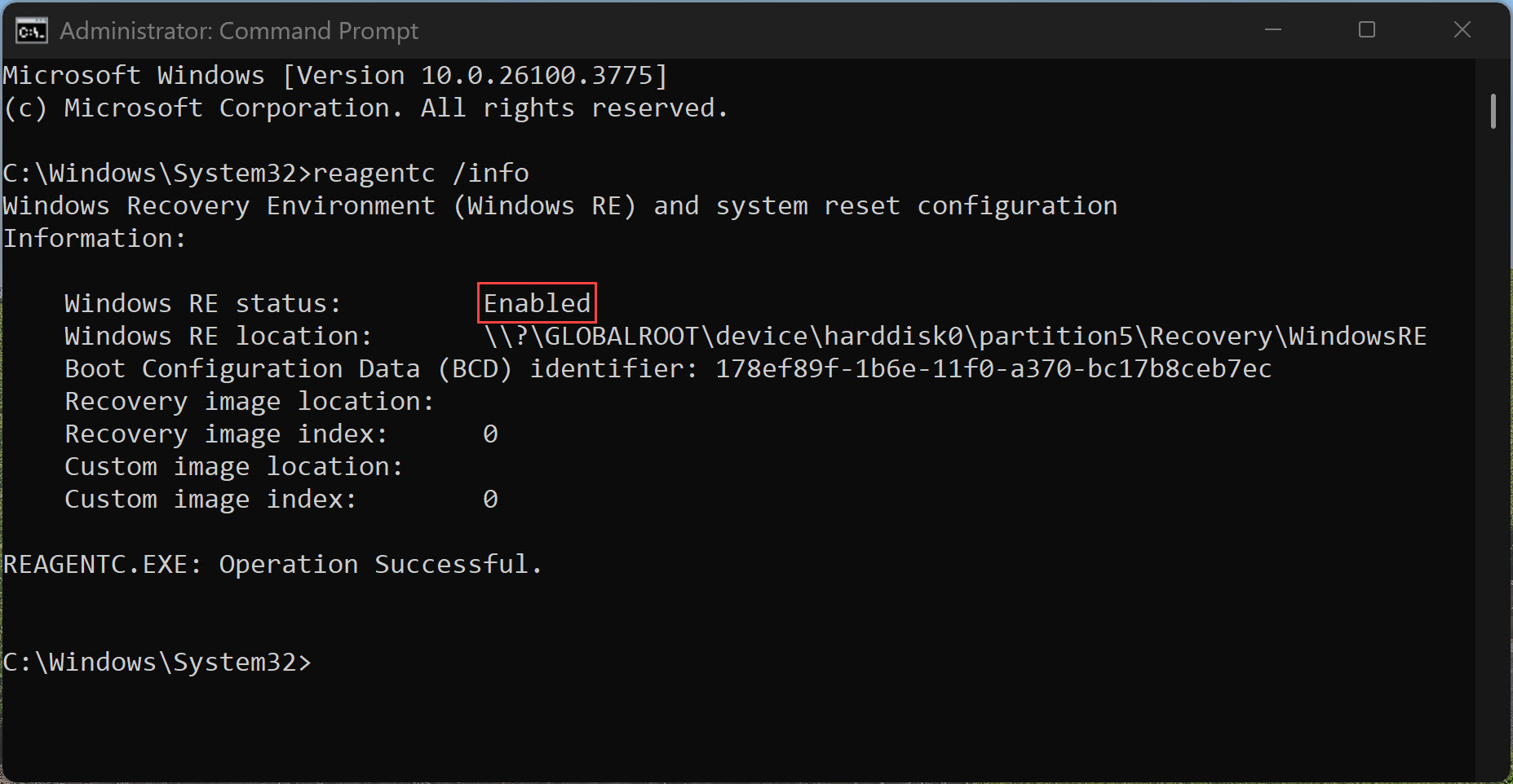 Windows Recovery Environment enable