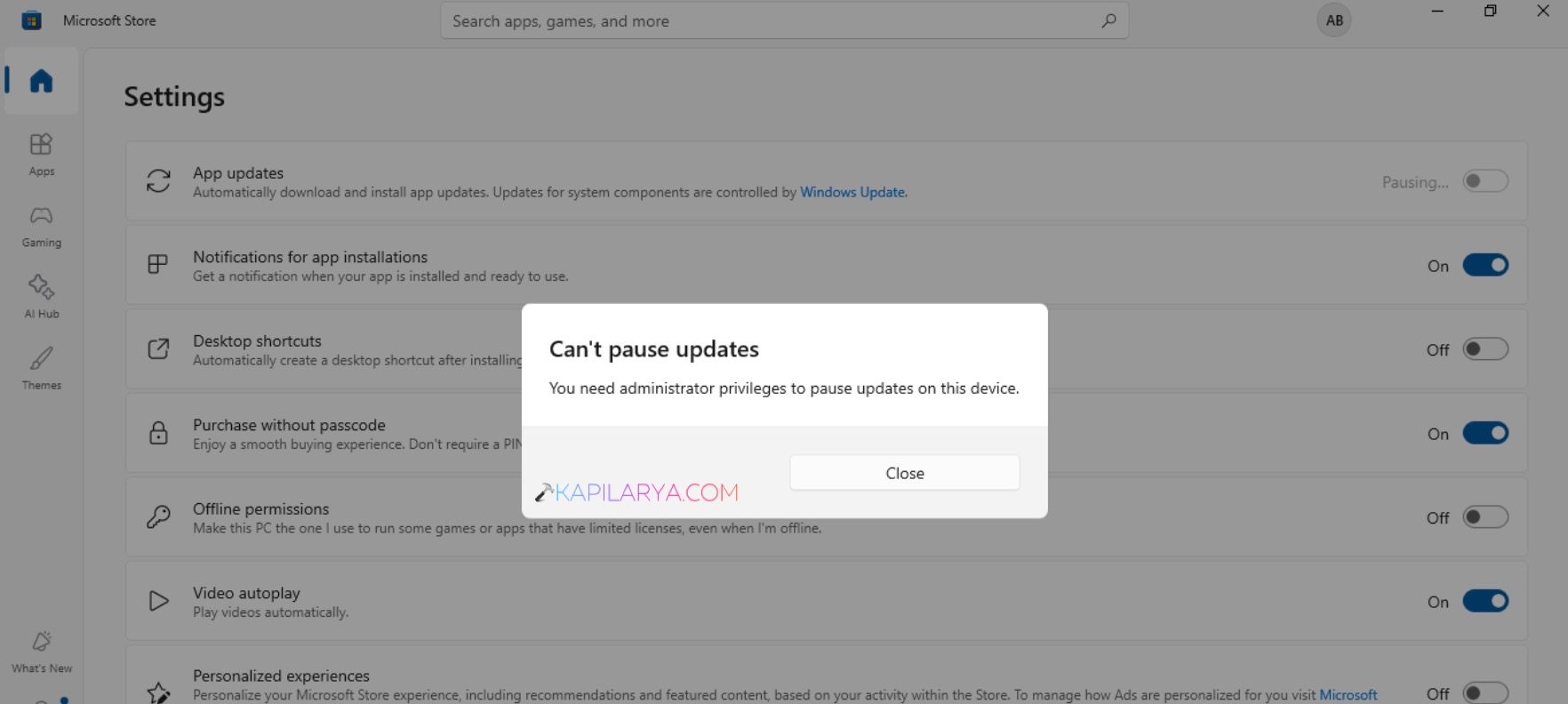 You need administrator privileges to pause updates